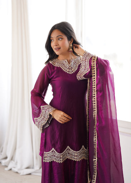 Premium Fendy Silk Mirror Work Top Sharara Set With Dupatta