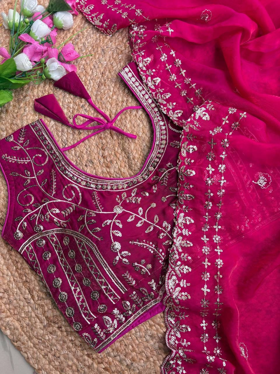 Beautiful Sequence work  Soft Fandy Silk  along with Full Stitched Blouse