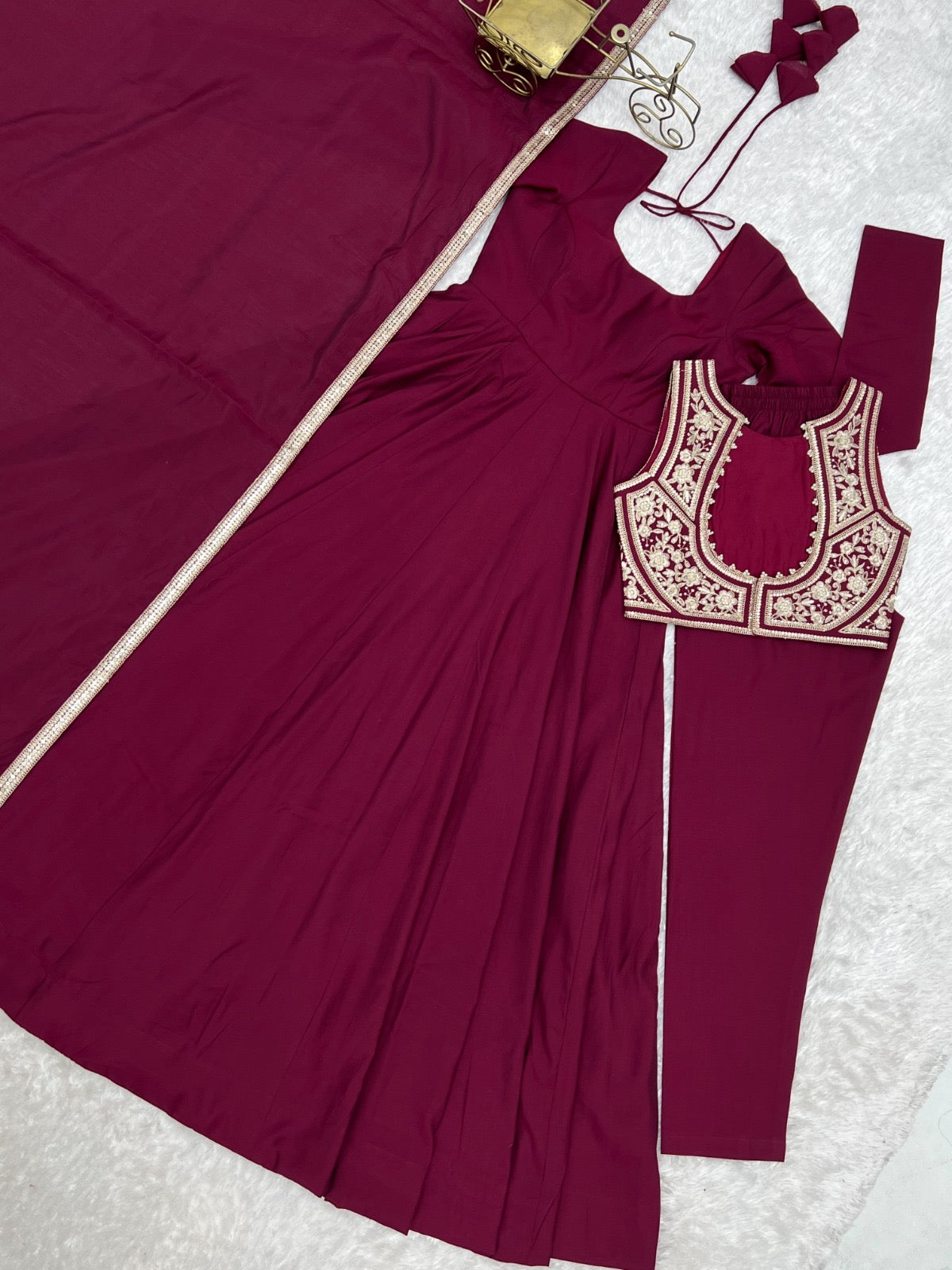 Premium Roman Silk Chanderi Anarkali Gown Set With Fancy Jacket & Dupatta