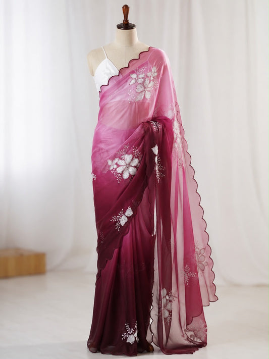 Premium Zimi Chu Sequence Work Saree With Satin Silk Blouse