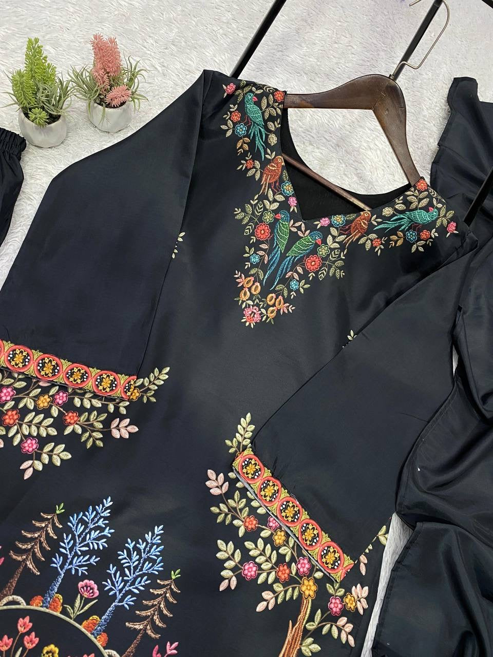 PRINTED ROMAN SEQUENCE EMBROIDERED TOP, PLAZZO & DUPATTA SET