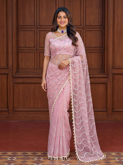 Designer Handwork Net Saree With Beads, Sequence & Pearl Embroidery