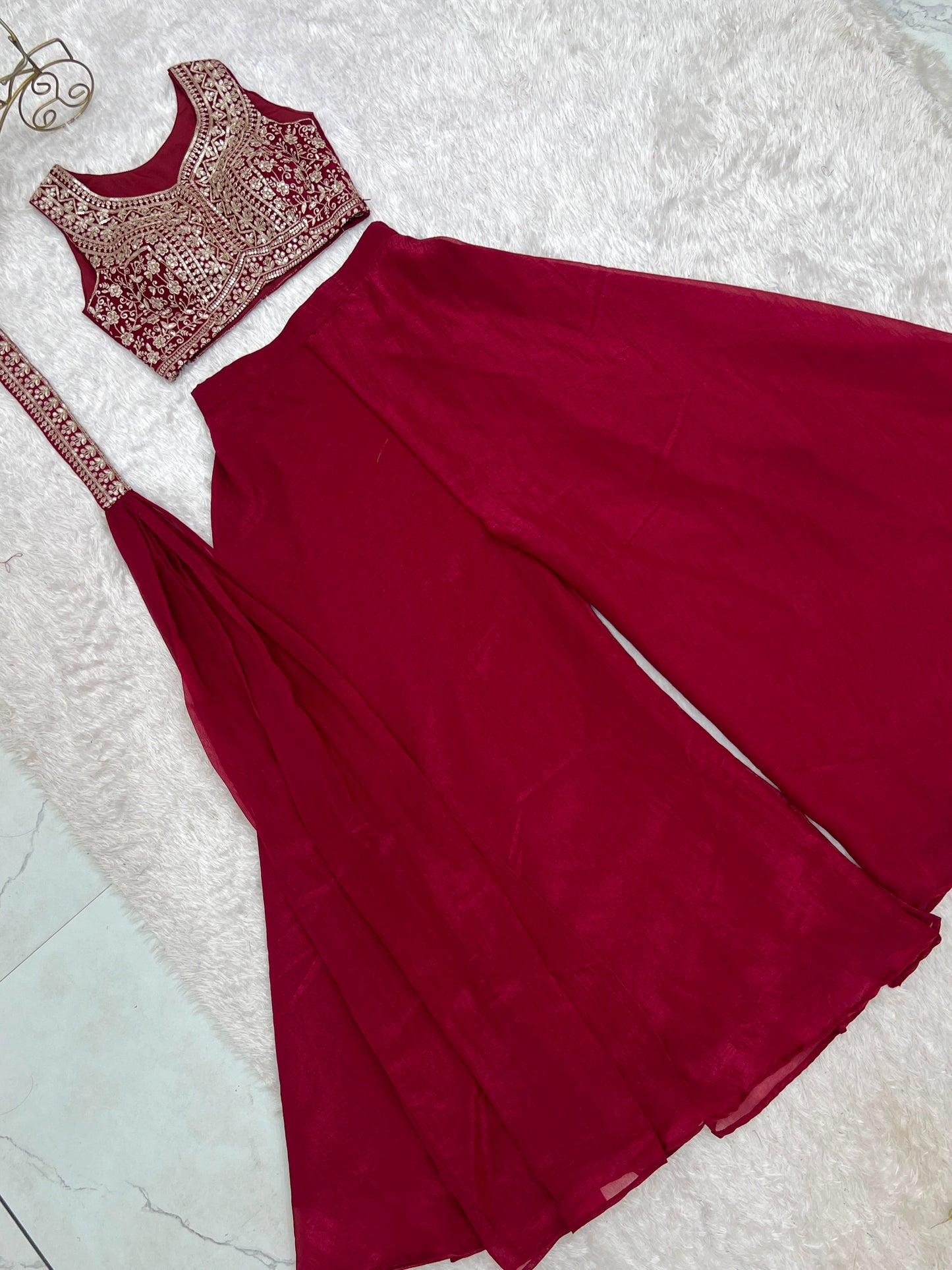 Designer Indo-Western Crunchy Silk Crop Top Palazzo Set