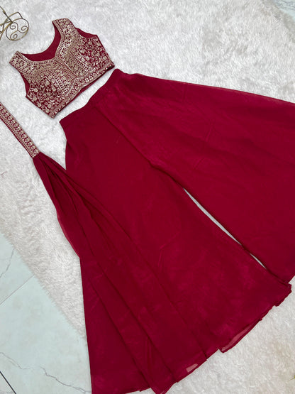 Designer Indo-Western Crunchy Silk Crop Top Palazzo Set