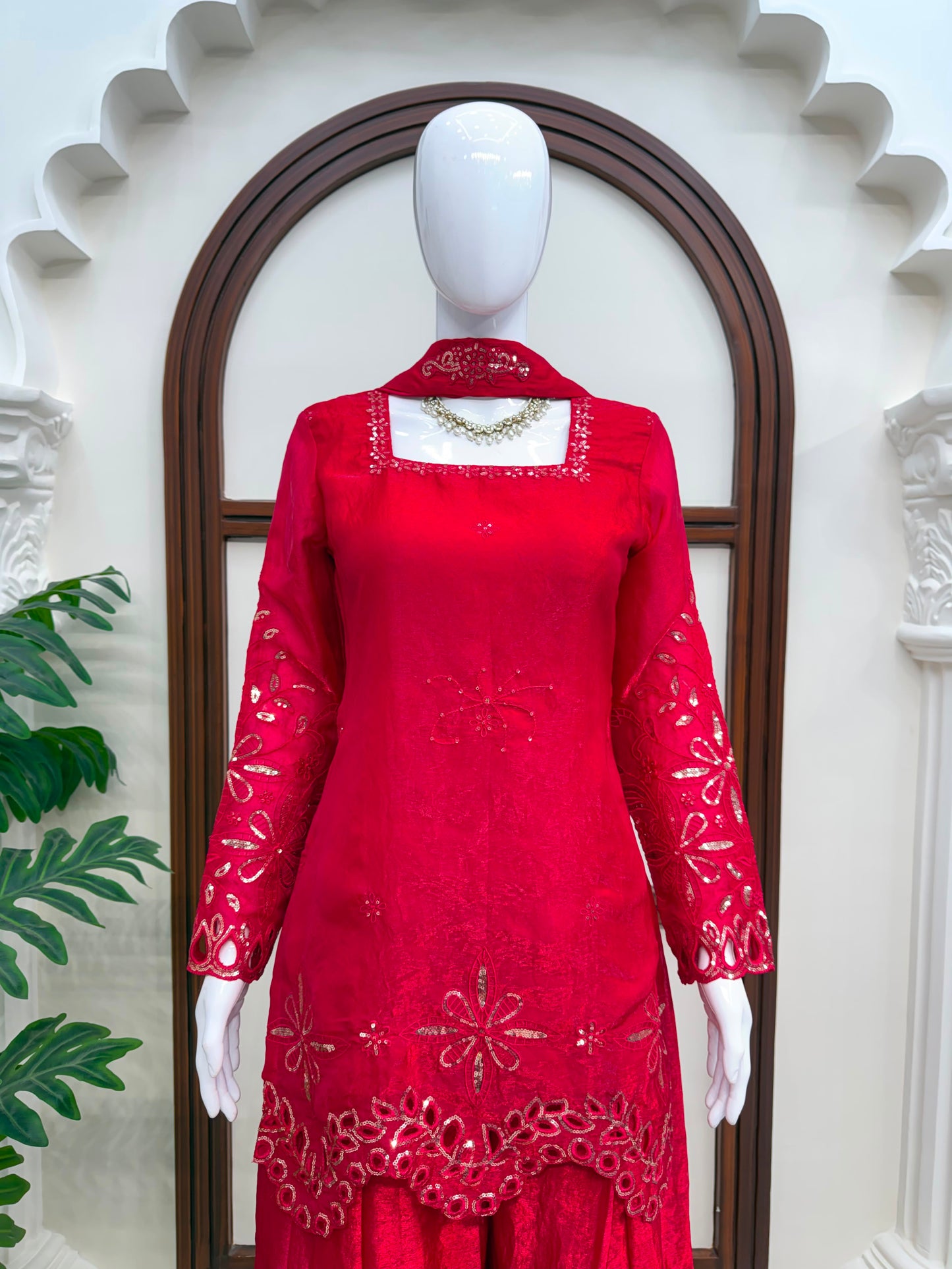 Premium Fendy Silk Thread & Sequence Palazzo Set With Dupatta
