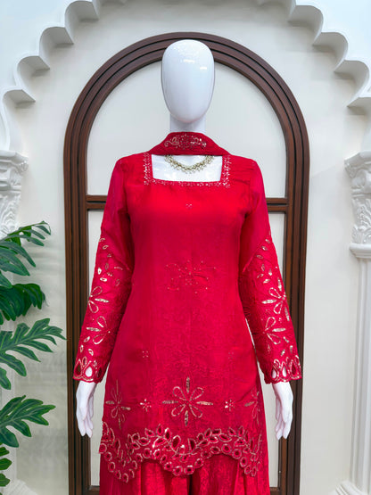 Premium Fendy Silk Thread & Sequence Palazzo Set With Dupatta