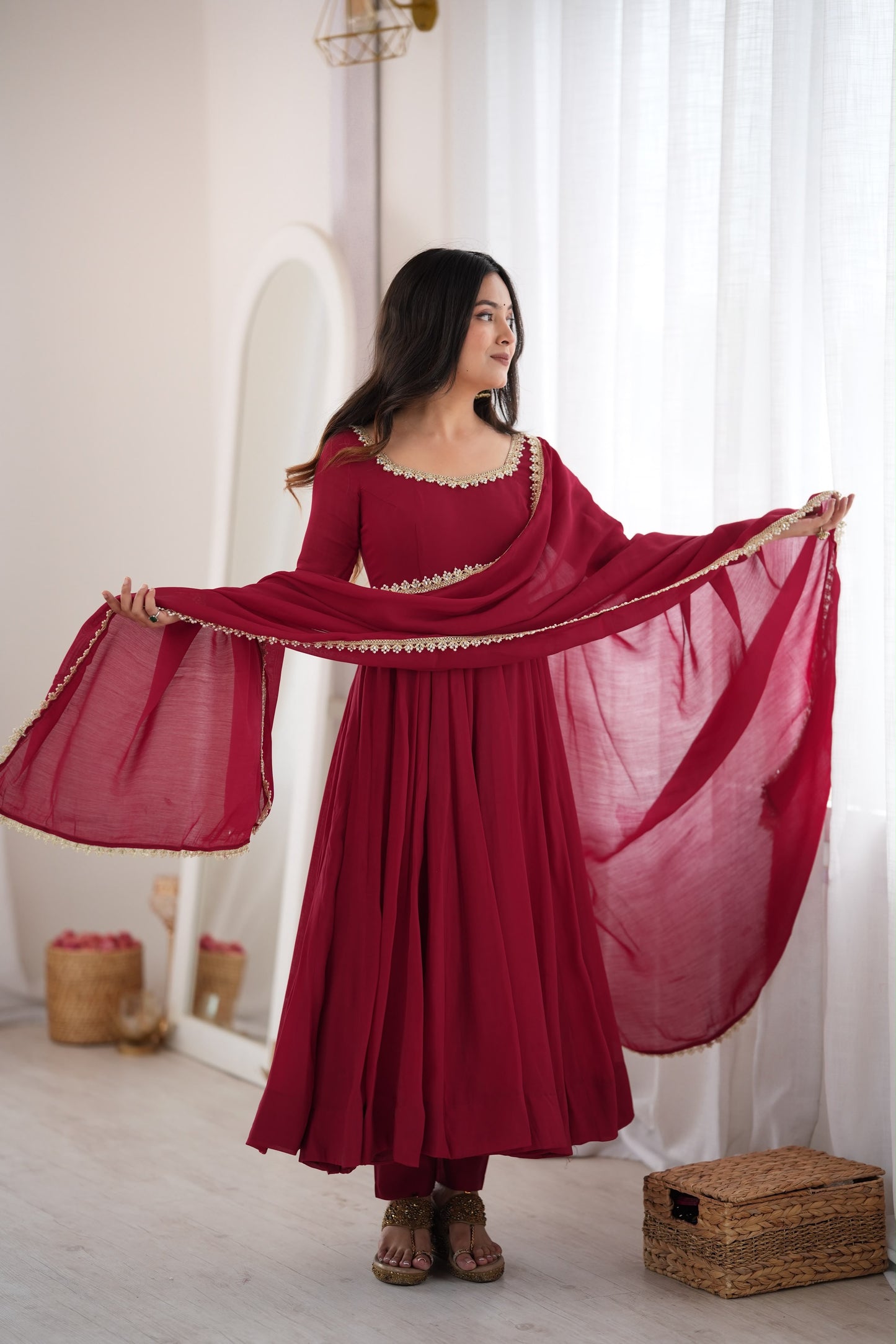 Premium Pure Mal Chanderi Fully Flared Anarkali Set With Dupatta And Pant