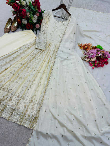 Premium Chinon Silk Embroidered Gown Set With Micro Silk Pant & Dupatta