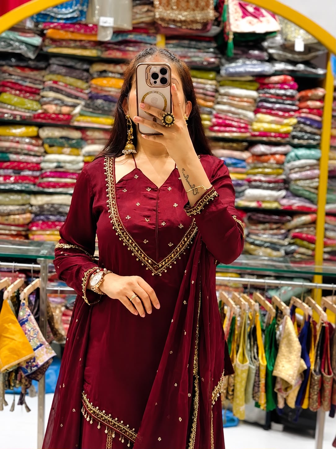 Roman Glass Real Mirror Work Top With Plazzo & Chanderi Silk Dupatta Set