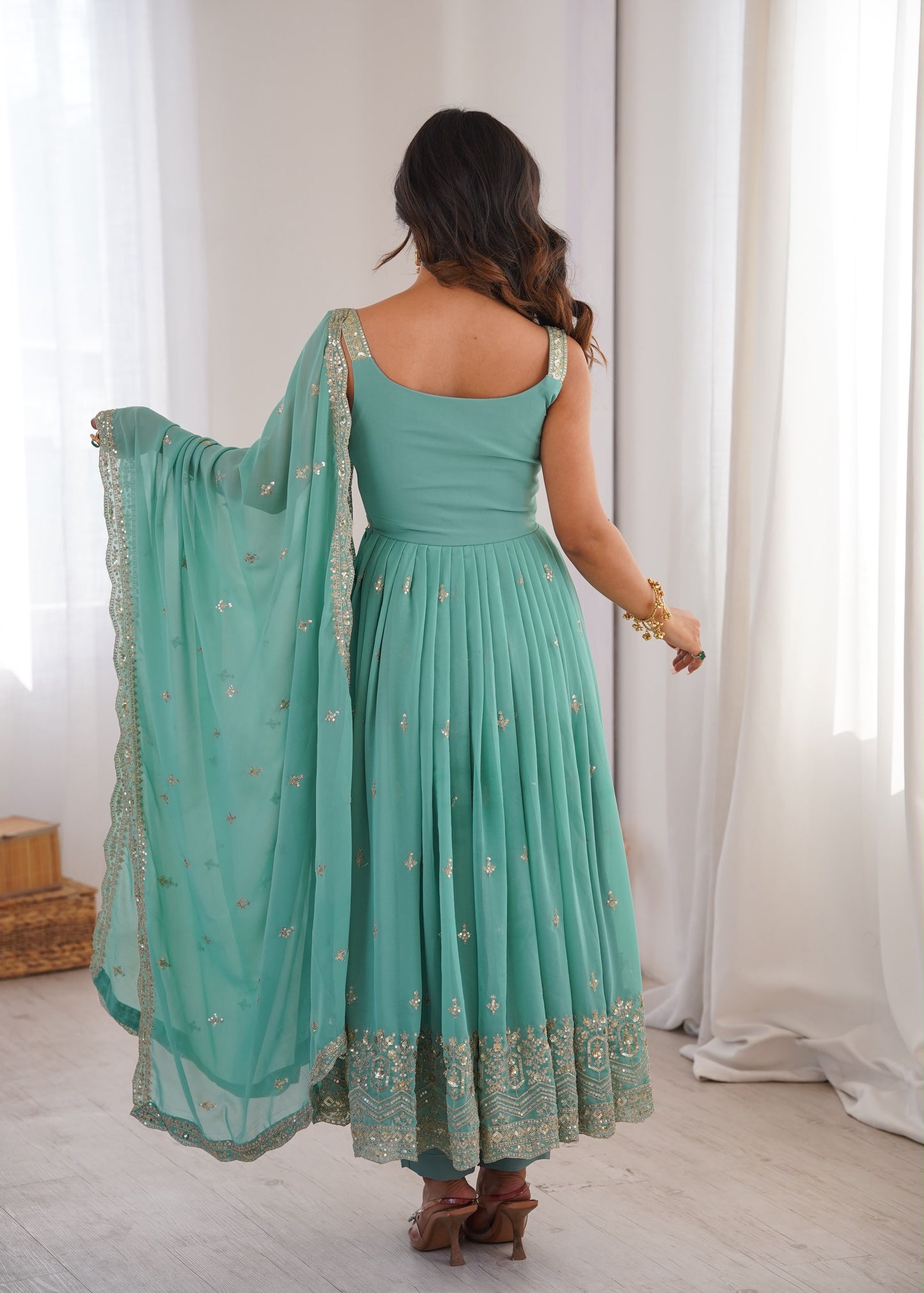 Premium Faux Georgette Embroidered Anarkali Set With Dupatta & Pant