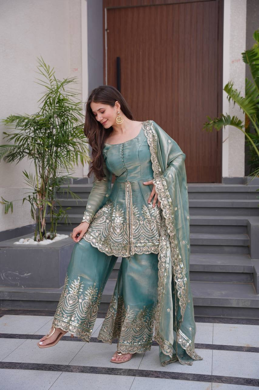 Fendy Satin Silk Gown Sharara Set with Mirror Work |