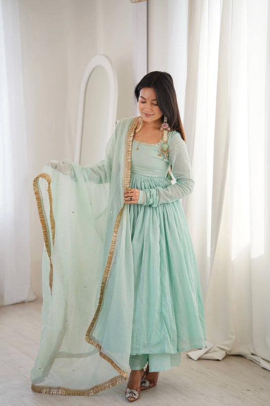 Designer Heavy Faux Designer Lace Work in Neck Anarkali Three Piece Set