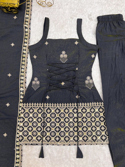 Premium NC Vichitra Silk Embroidered Farshi Shalwar Suit Set With Dupatta