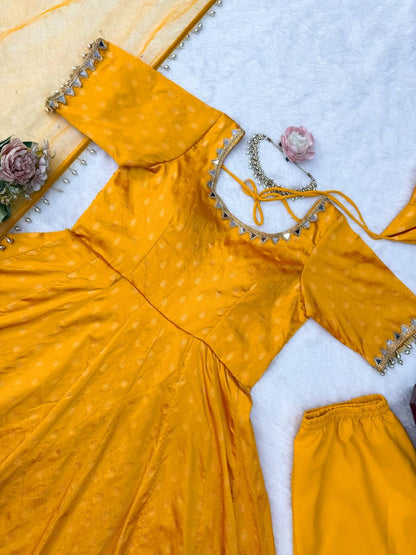 Chanderi Jacquard Butti Real Mirror Anarkali Set