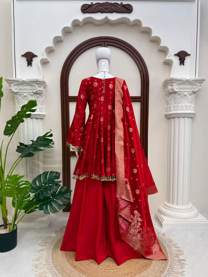 Satin Silk Kurta Set with Palazzo and Dupatta
