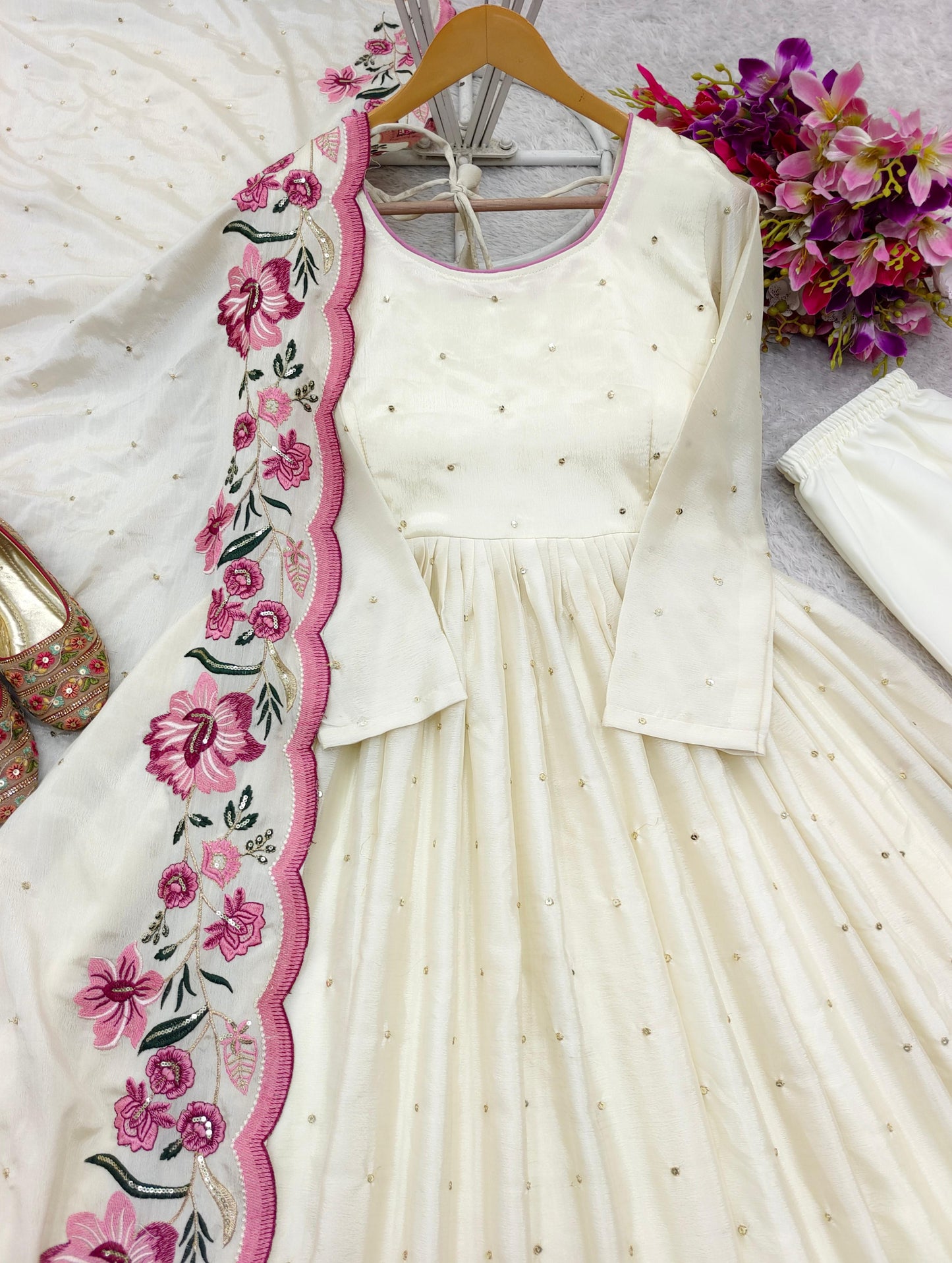 Pure Cinon Silk Gown -Pent  Dupatta Set