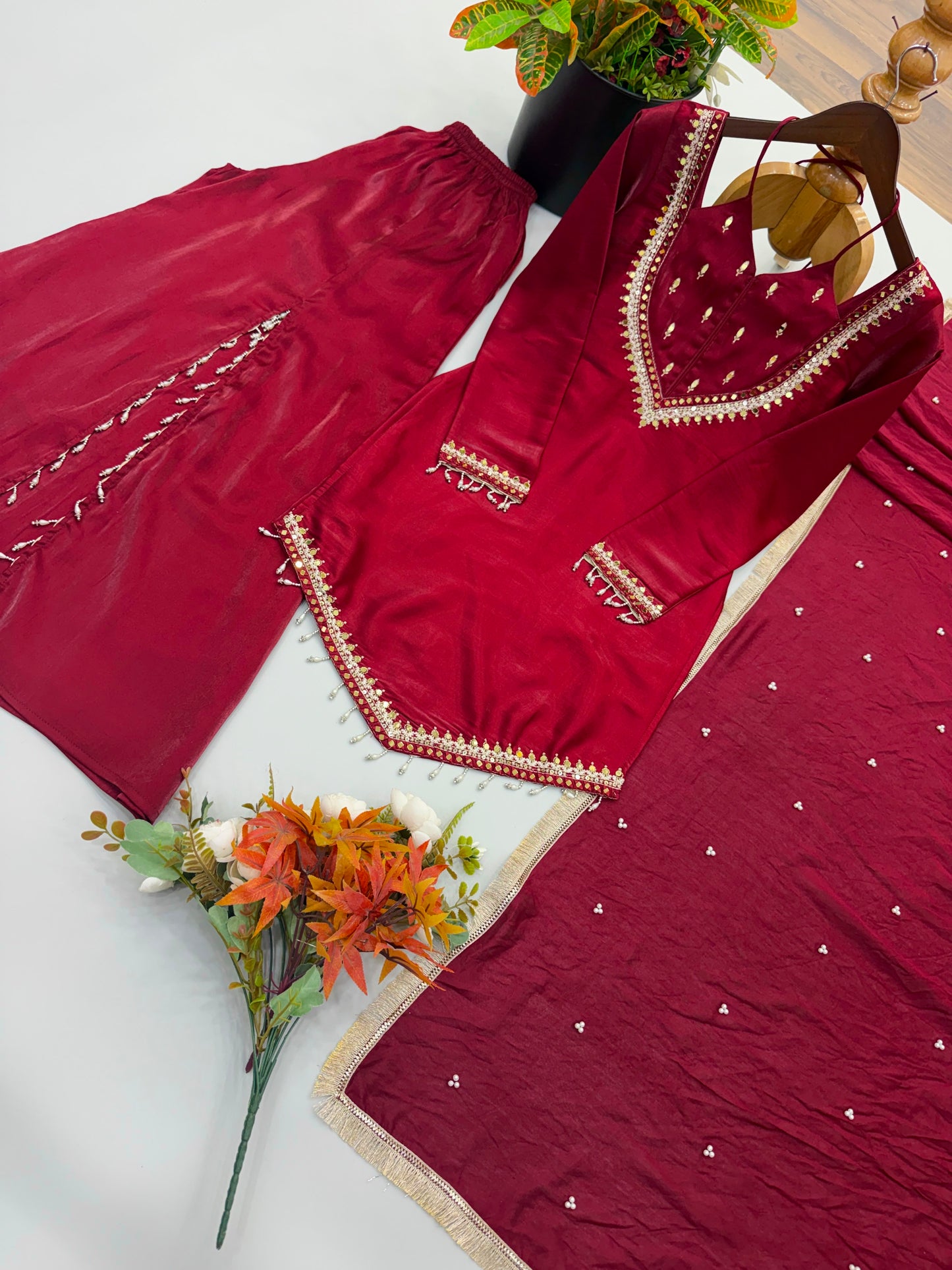 Roman Glass Real Mirror Work Top With Plazzo & Chanderi Silk Dupatta Set