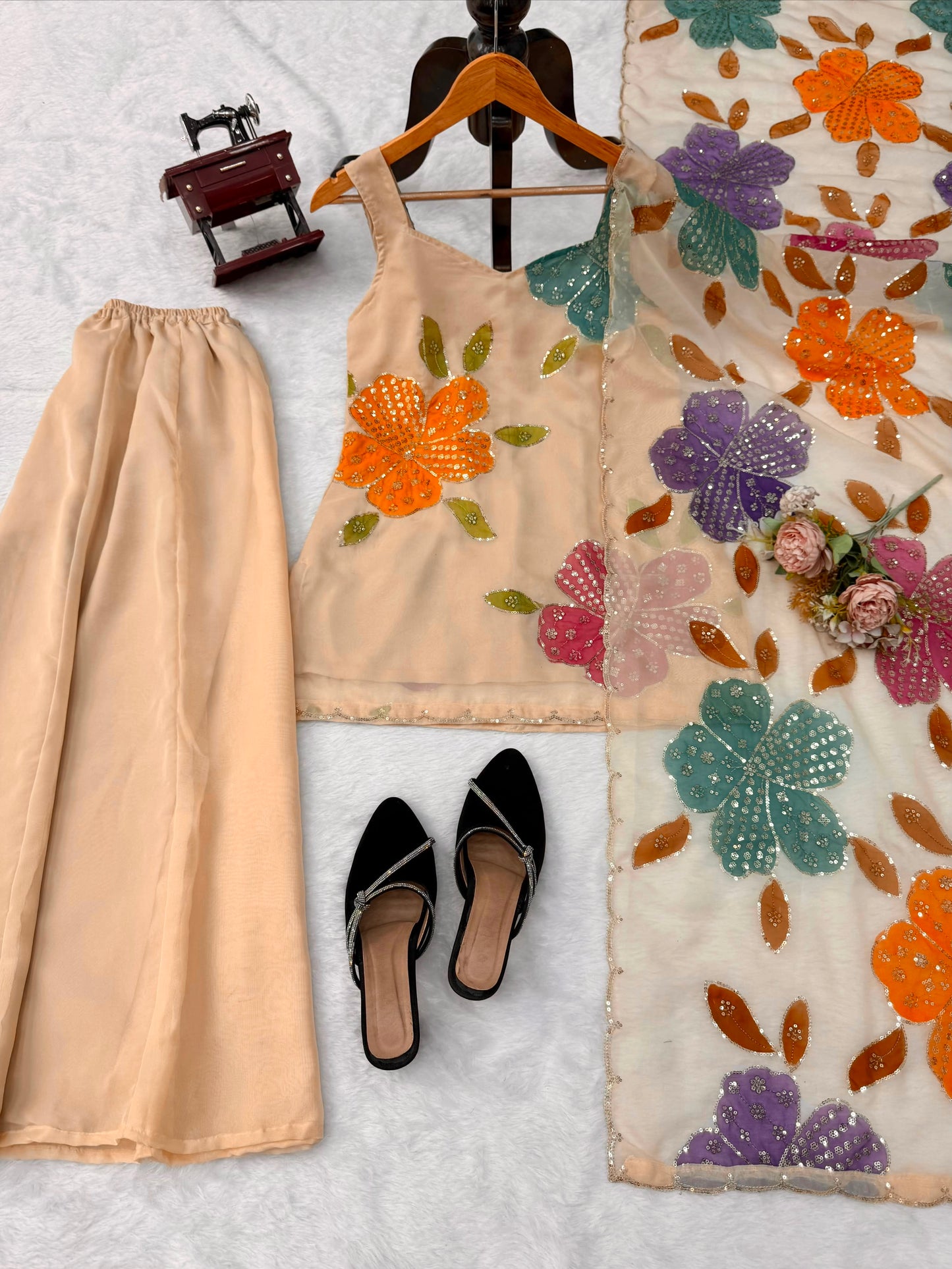 Premium Tibby Organza Silk Brush Print Palazzo Set With Dupatta