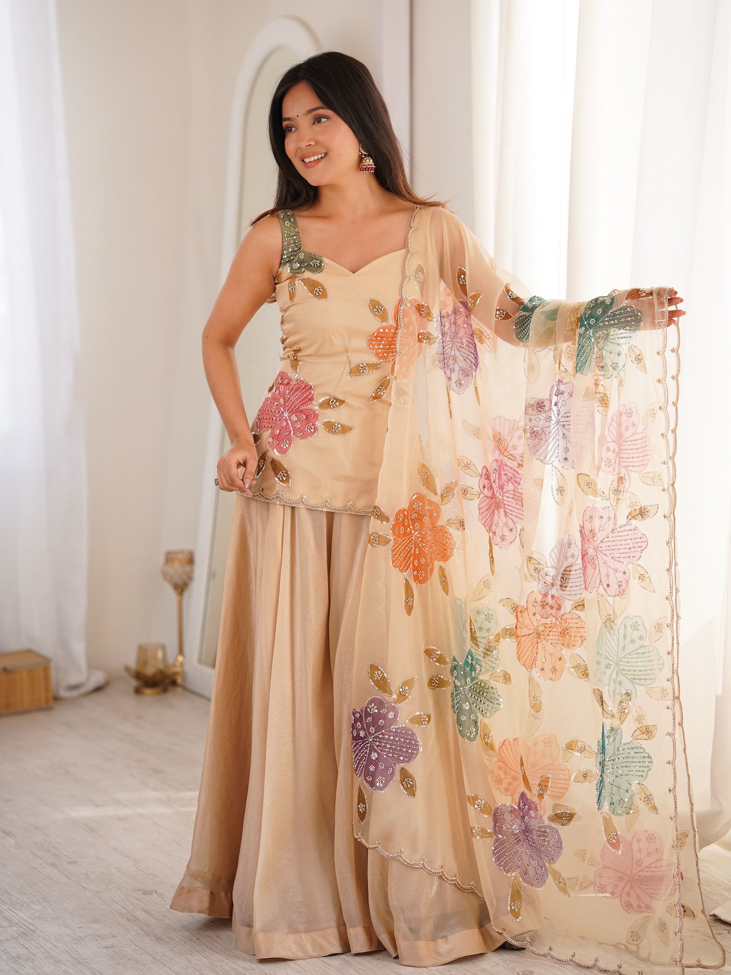 Premium Tibby Organza Silk Brush Print Palazzo Set With Dupatta