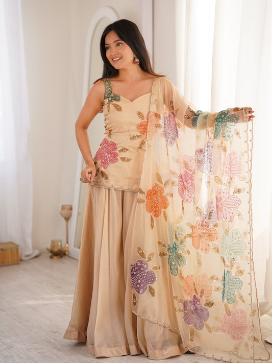 Premium Tibby Organza Silk Brush Print Palazzo Set With Dupatta
