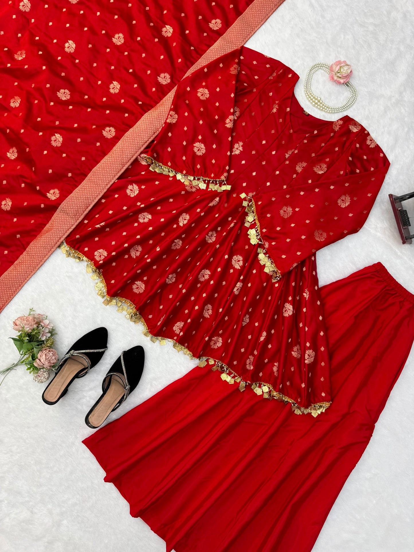 Satin Silk Kurta Set with Palazzo and Dupatta