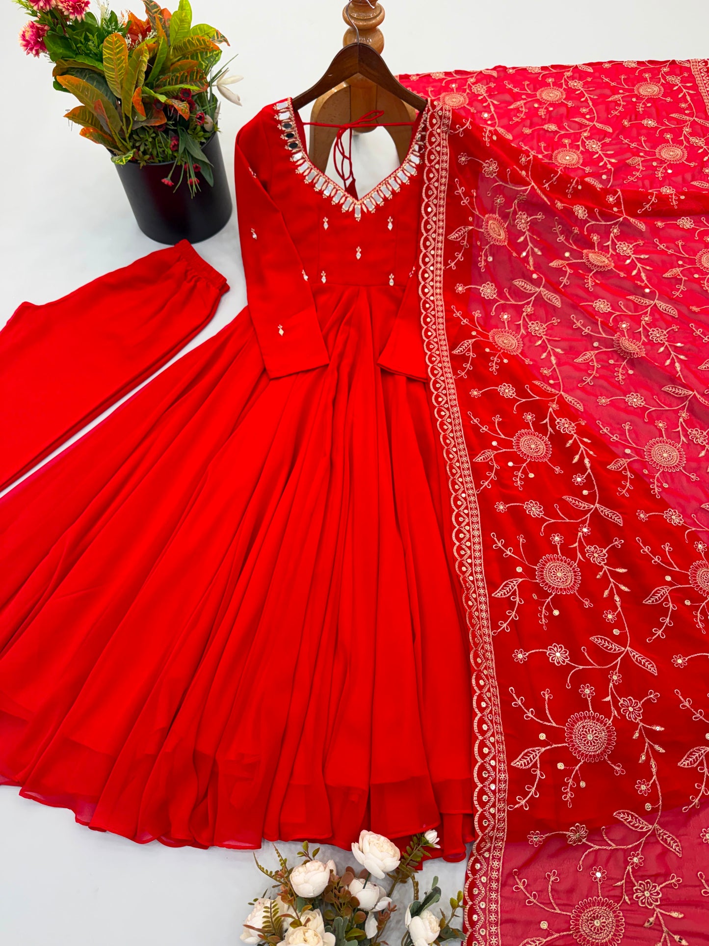 Premium Faux Georgette Khatli Mirror Work Anarkali Set With Dupatta