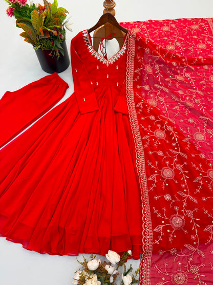 Premium Faux Georgette Khatli Mirror Work Anarkali Set With Dupatta