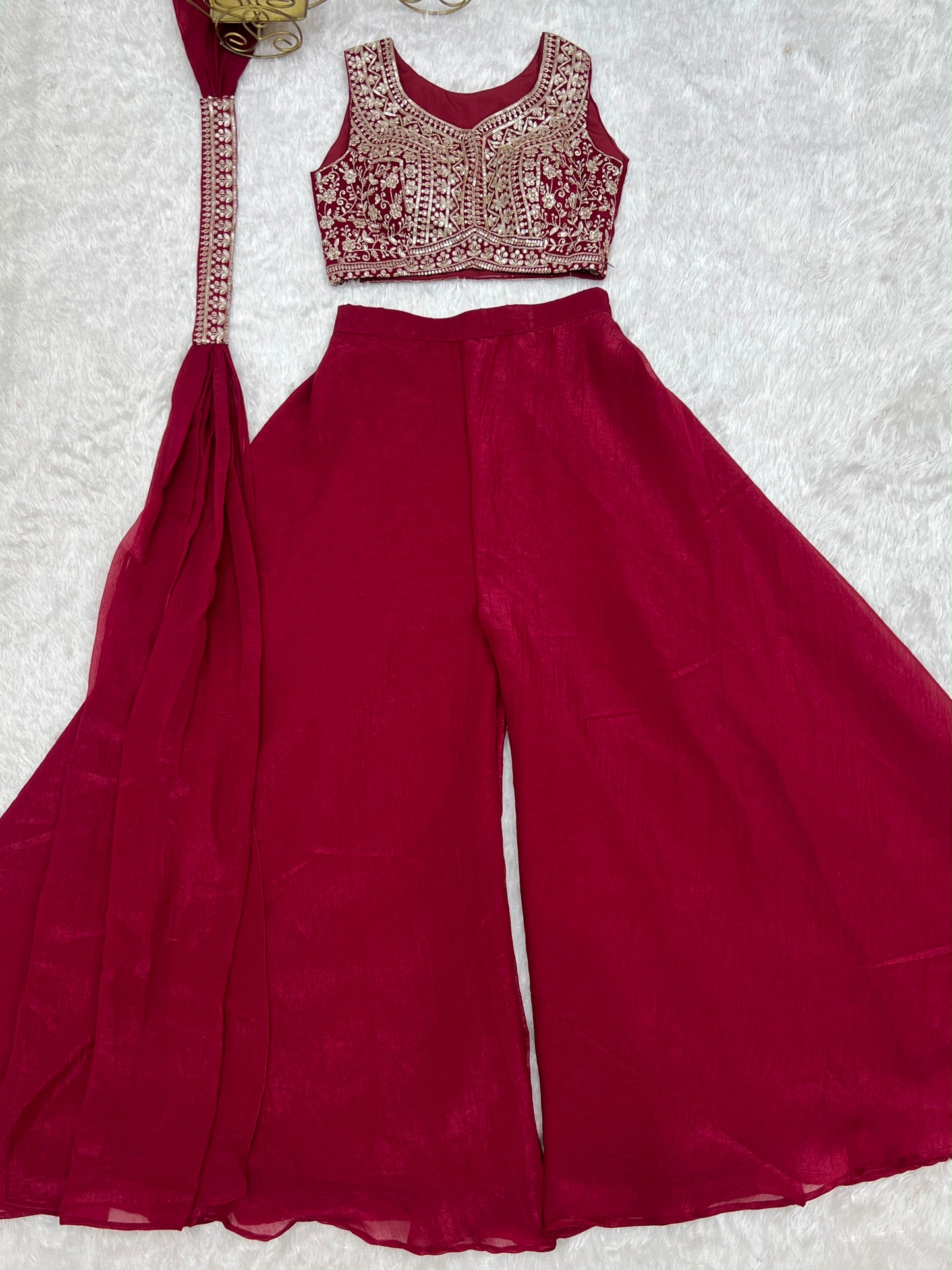 Designer Indo-Western Crunchy Silk Crop Top Palazzo Set