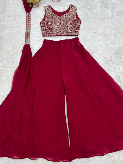 Designer Indo-Western Crunchy Silk Crop Top Palazzo Set