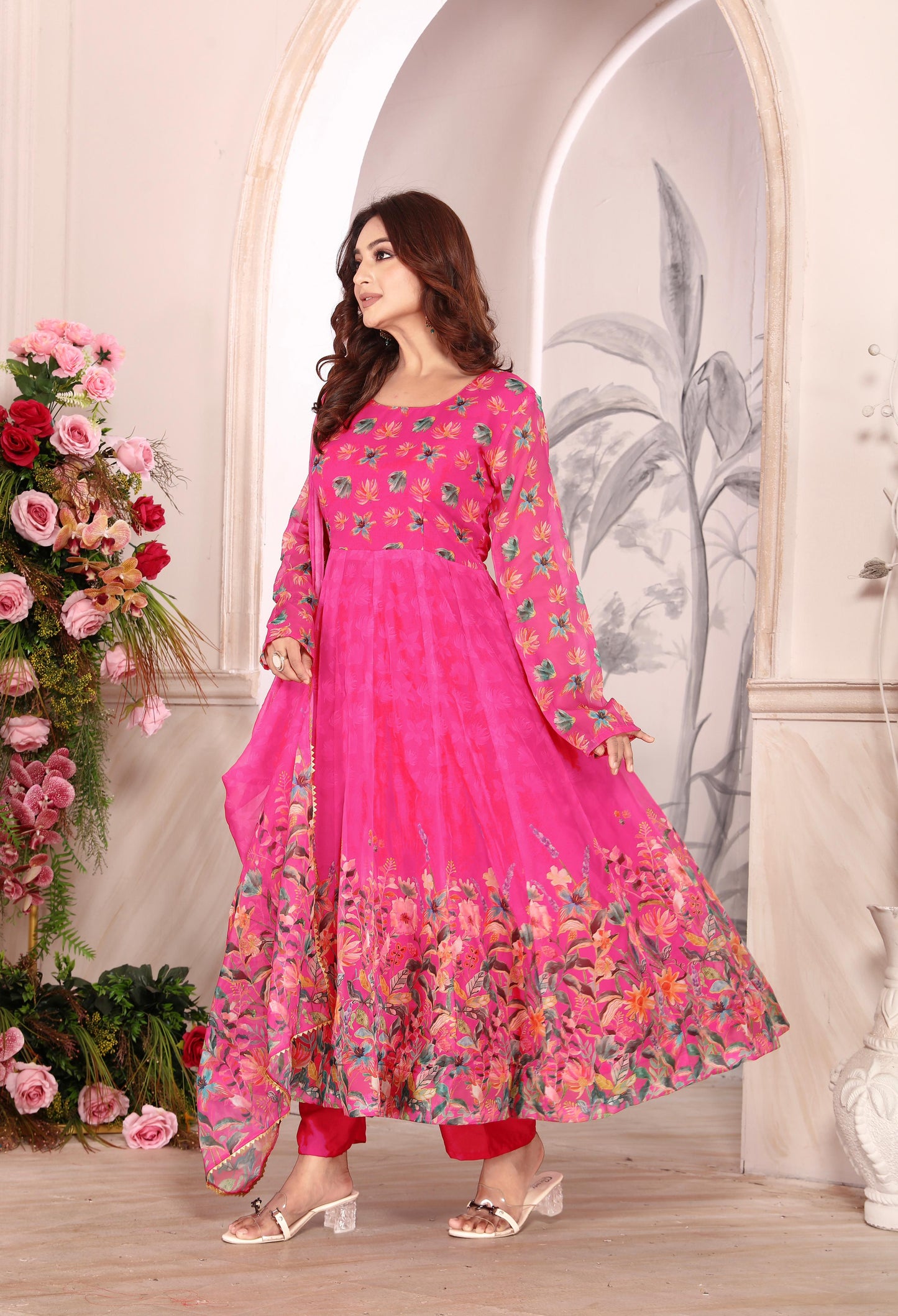 Pure Heavy Tebby Silk Floral Anarkali Pant Dupatta Set