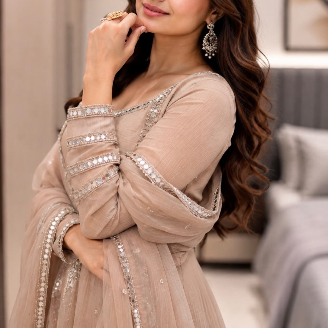 Premium Silver Crunchy Mirror Lace Gown With Designer Dupatta