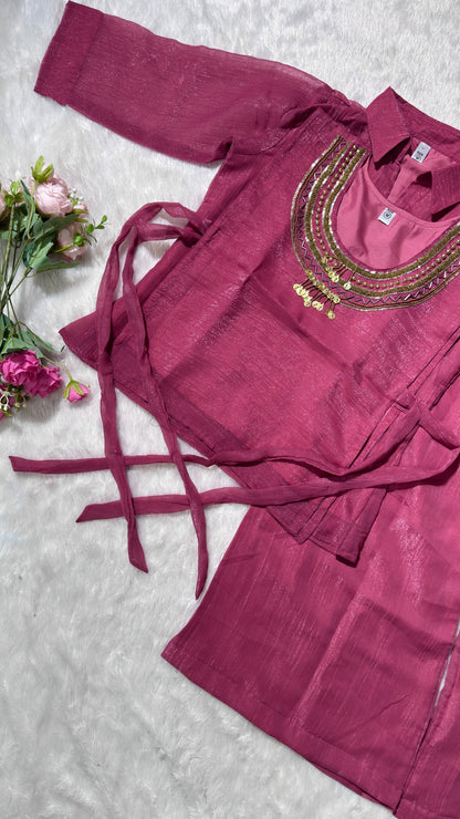 Premium Crunchy Silk Co-Ord Set With Shirt & Plazzo