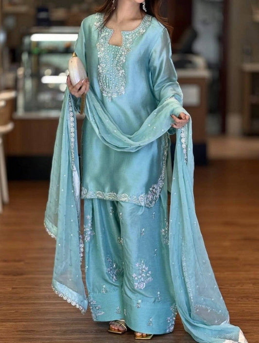 Designer Party Wear Look Pur Glass Satin Top & Farshi Palazzo With Dupatta
