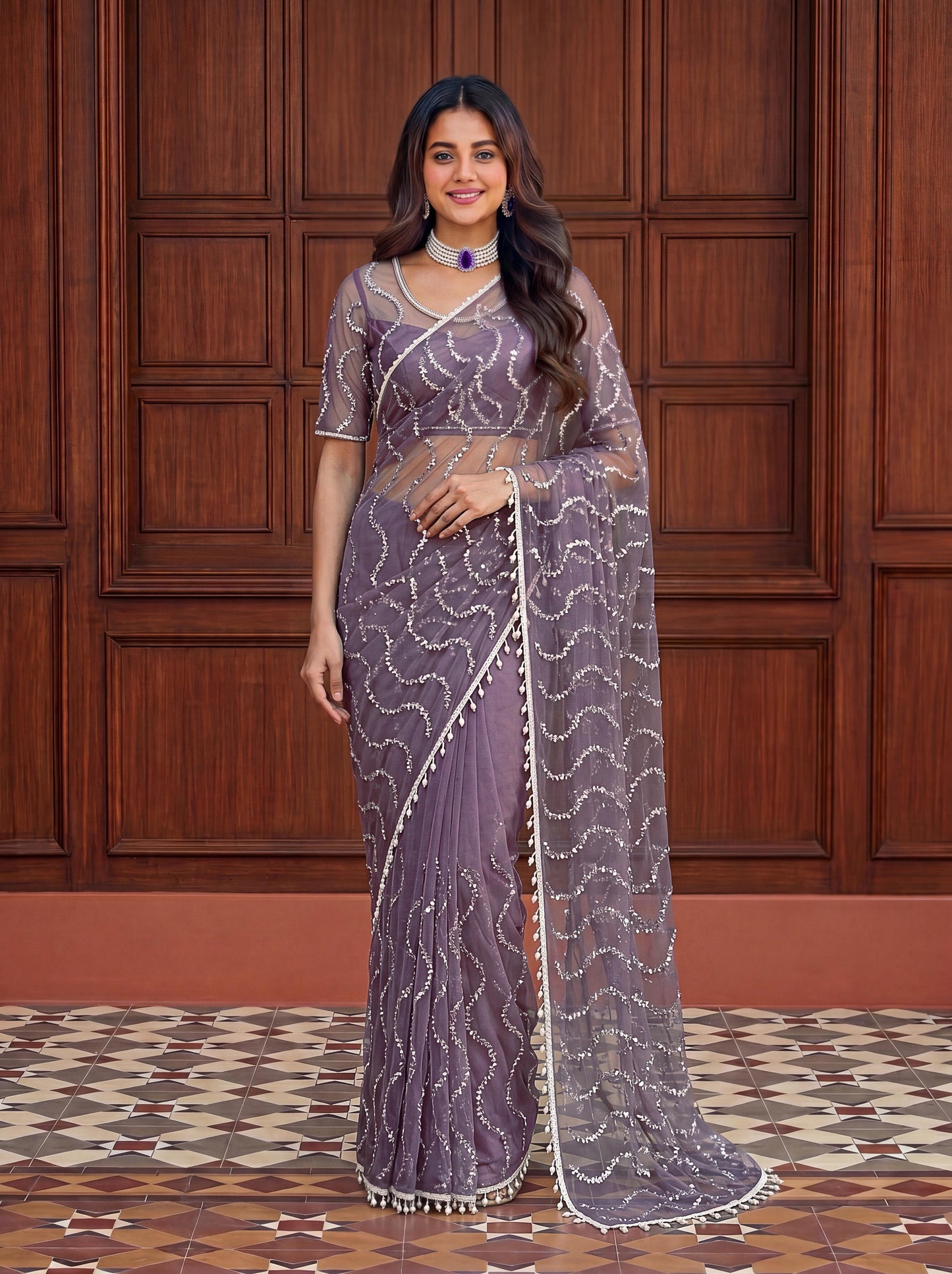 Designer Handwork Net Saree With Beads, Sequence & Pearl Embroidery