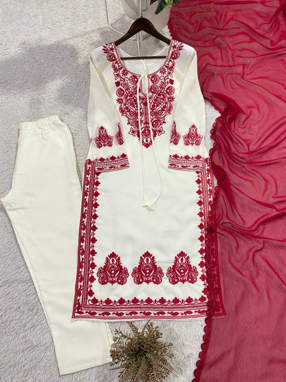 EMBROIDERED ROMAN SILK FABRIC TOP AND PANT WITH DUPATTA PAIR