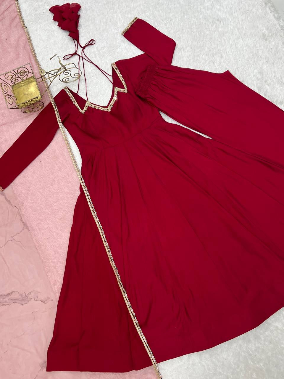 Roman Silk Chanderi Anarkali, Pant & Dupatta Set