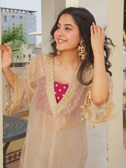 Premium Golden Tissue Salsa Embroidered Kurta Set With Slub Satin Blouse & Palazzo