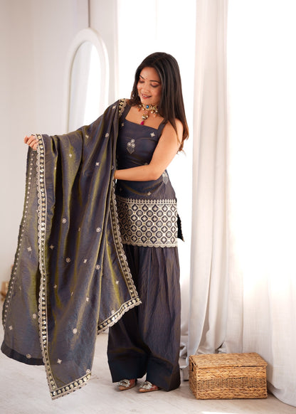 Premium NC Vichitra Silk Embroidered Farshi Shalwar Suit Set With Dupatta
