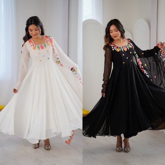 Designer Faux Georgette Embroidered Gown with Pant and Dupatta Set