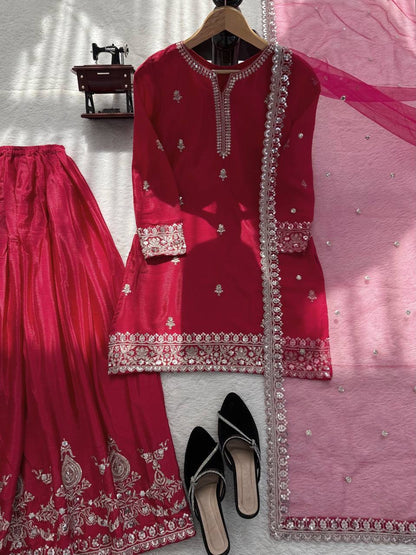 Premium Chinon Silk Thread & Sequence Work Top, Plazzo & Dupatta Set