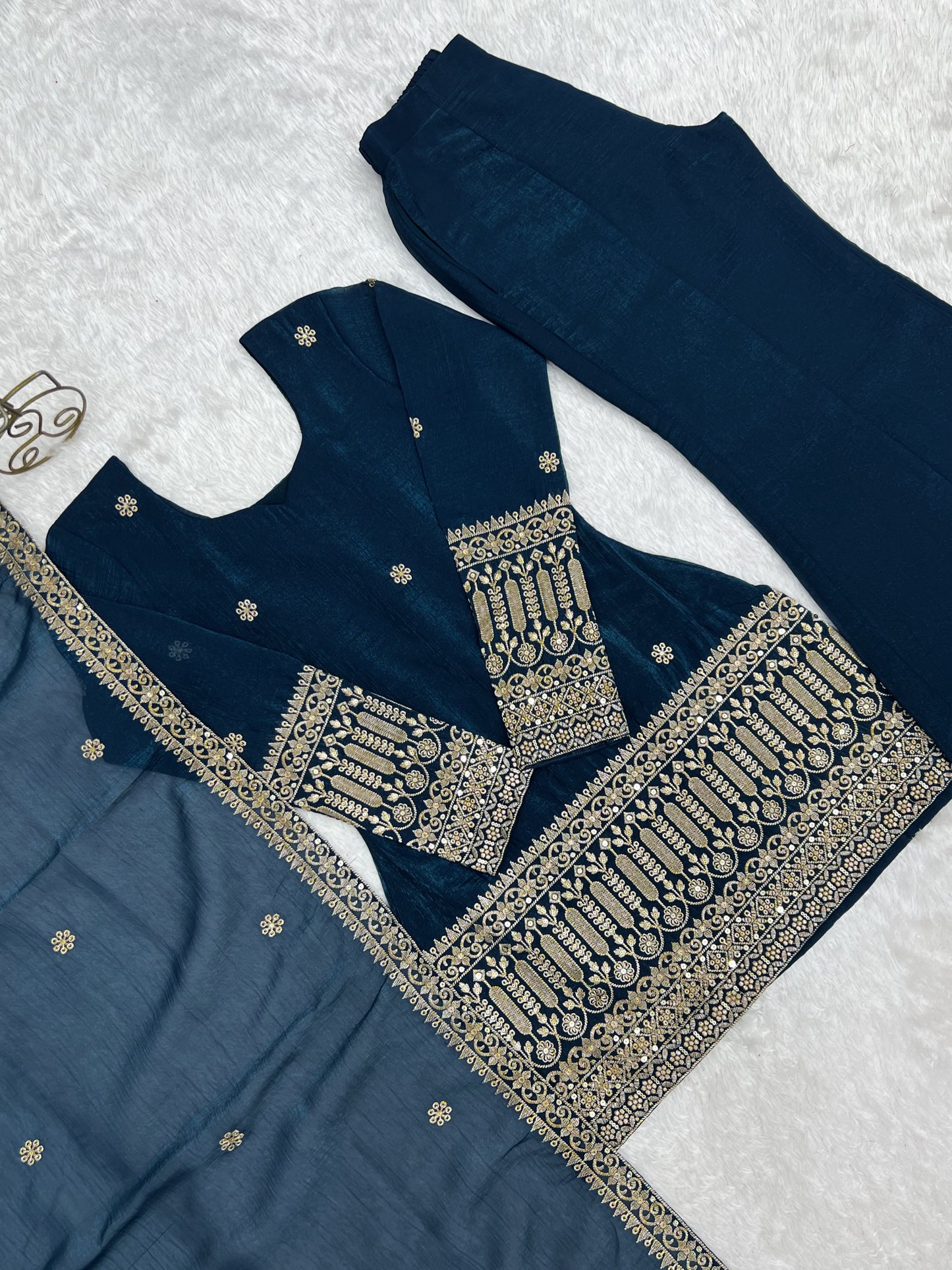 Teal Blue Crunchy Silk Embroidered Kurta Set with Bell Bottom Pant and Dupatta