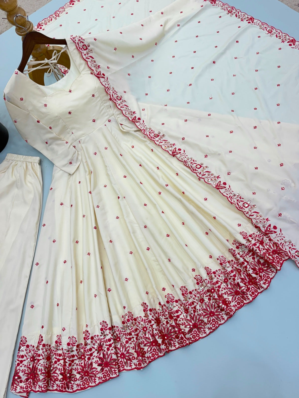 Diamond Silk Embroidered Anarkali Gown with Palazzo and Dupatta Set