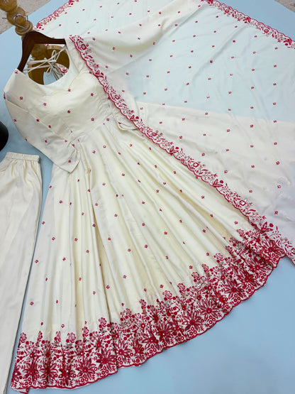 Diamond Silk Embroidered Anarkali Gown with Palazzo and Dupatta Set