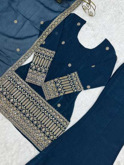 Teal Blue Crunchy Silk Embroidered Kurta Set with Bell Bottom Pant and Dupatta