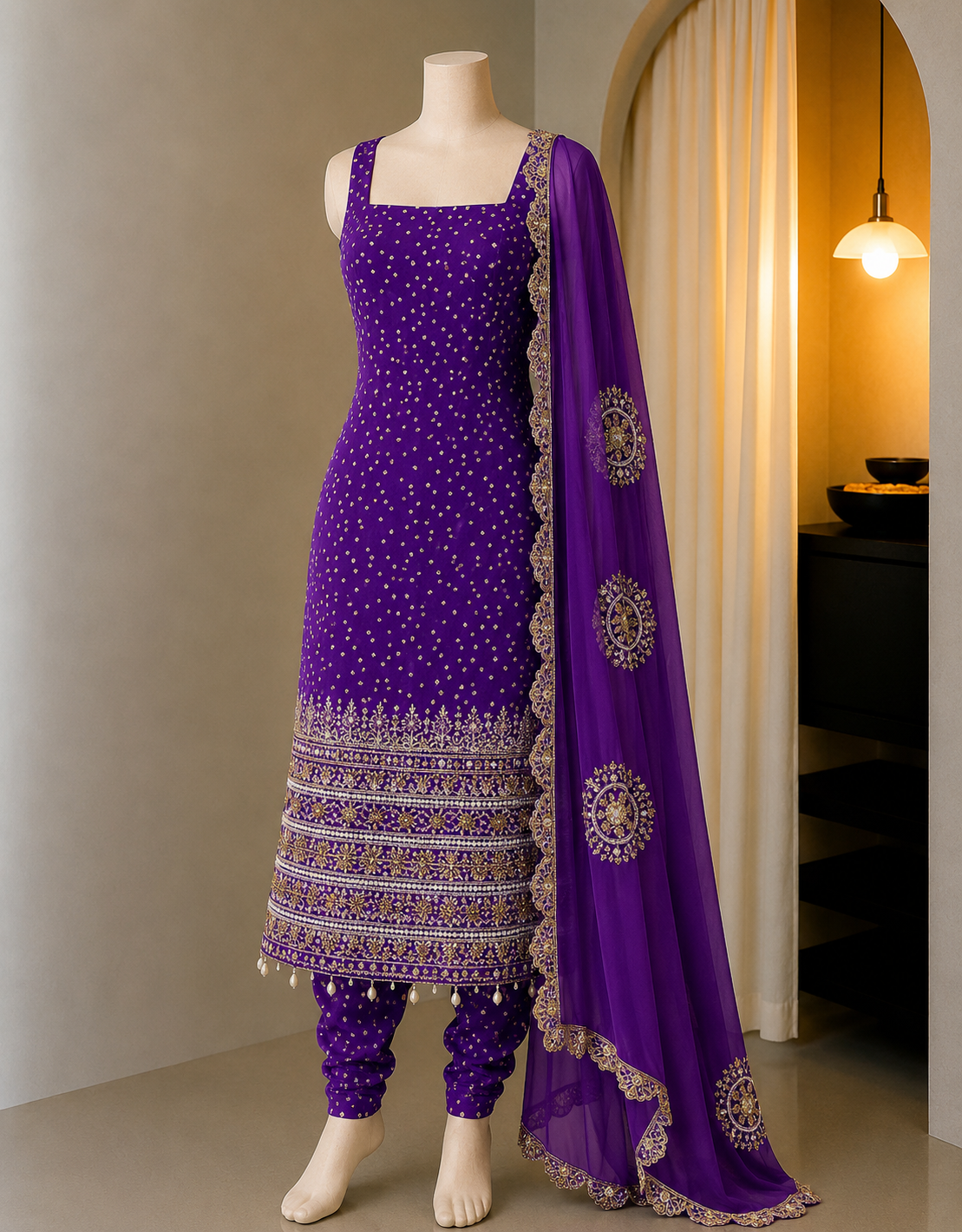 Premium Bandhani Faux Georgette Mirror Work Kurti Set With Churidar & Dupatta