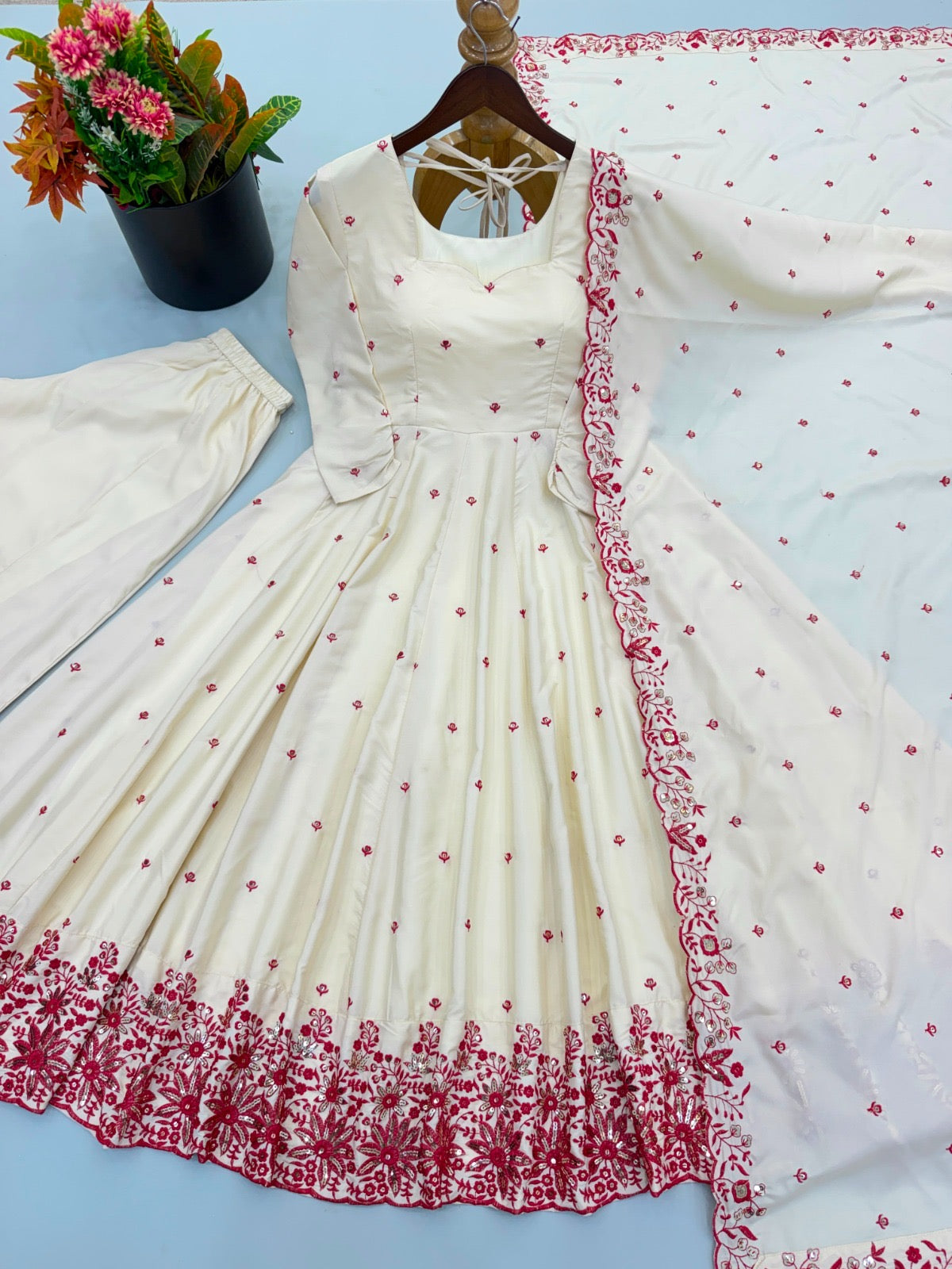 Diamond Silk Embroidered Anarkali Gown with Palazzo and Dupatta Set