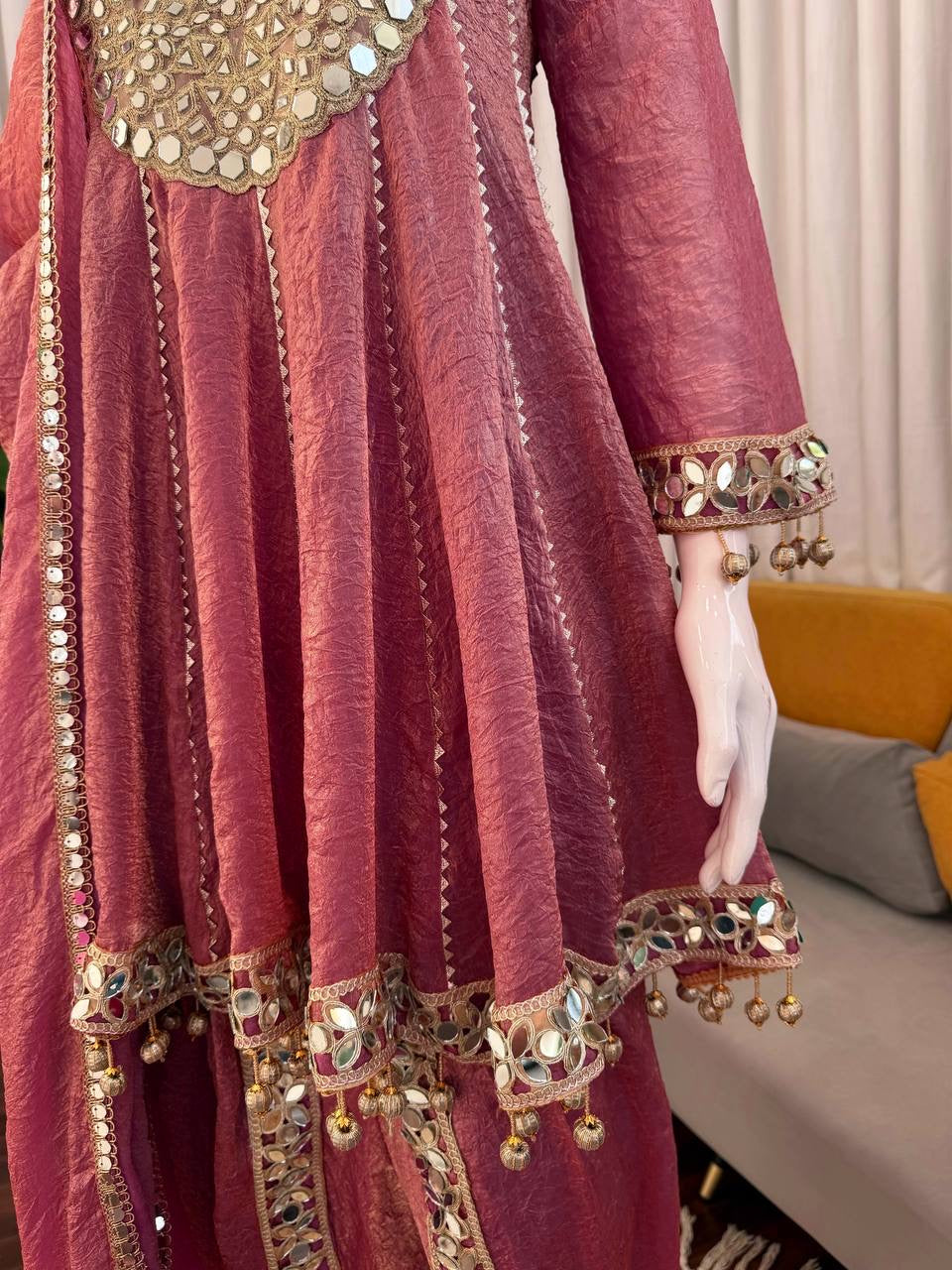 Premium Gold Crush Mirror Work Dhoti Set With Dupatta