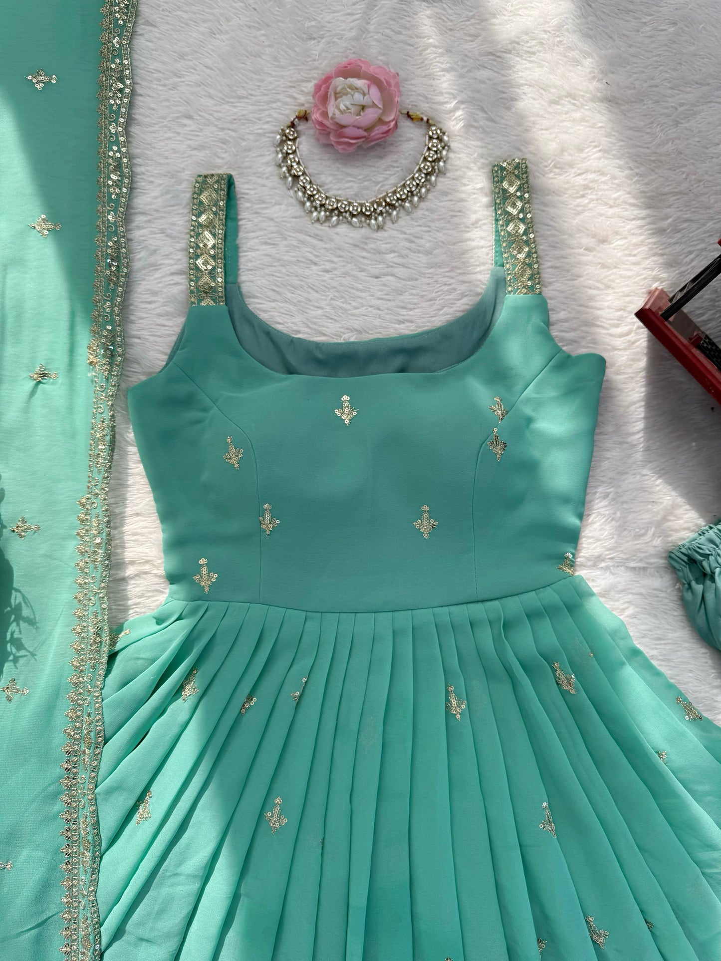 Premium Faux Georgette Embroidered Anarkali Set With Dupatta & Pant