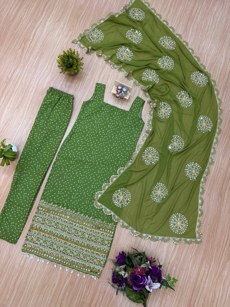 Premium Bandhani Faux Georgette Mirror Work Kurti Set With Churidar & Dupatta