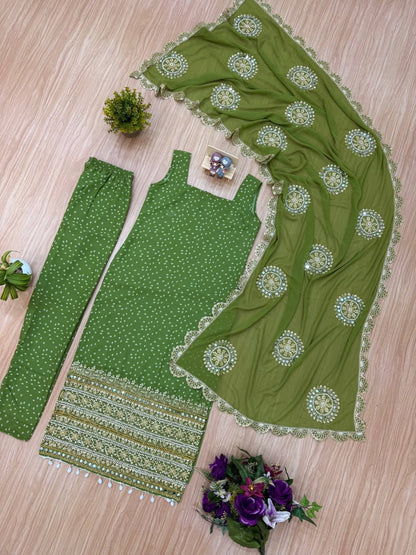 Premium Bandhani Faux Georgette Mirror Work Kurti Set With Churidar & Dupatta